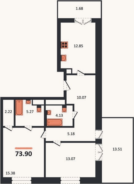 Планировка: 2-к, 73,9 м²