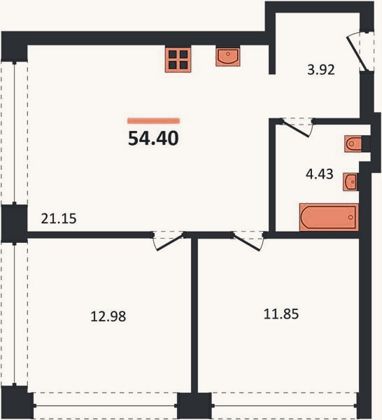 Планировка: 2-к, 54,4 м²