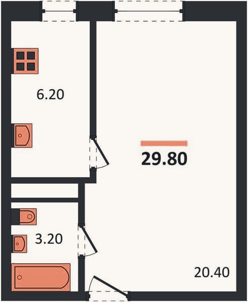 Планировка: 1-к, 29,8 м²