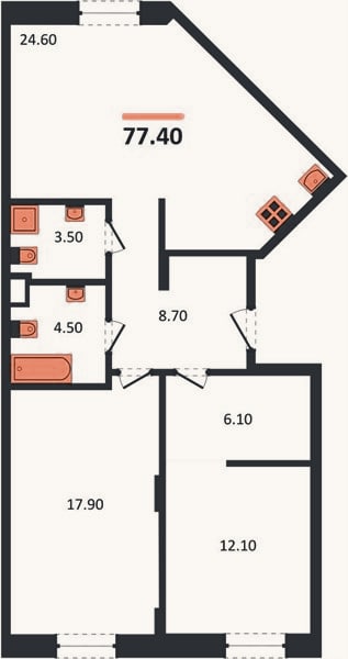 Планировка: 2-к, 77,4 м²