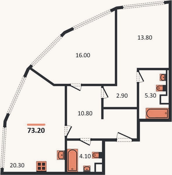 Планировка: 2-к, 73,2 м²