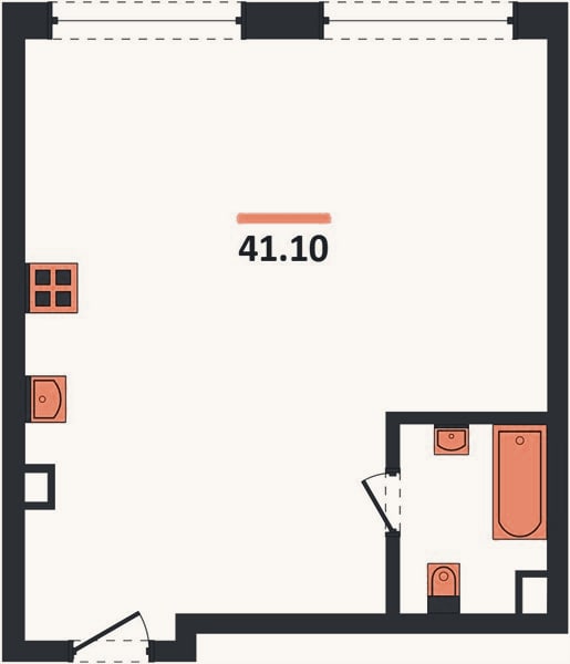 Планировка: 1-к, 41,1 м²