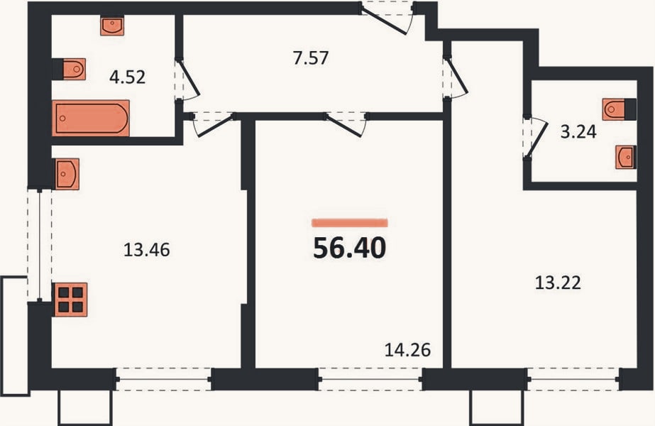 Планировка: 2-к, 56,4 м²