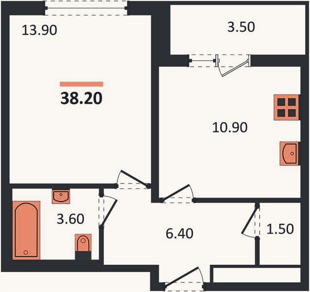 Планировка: 1-к, 38,2 м²