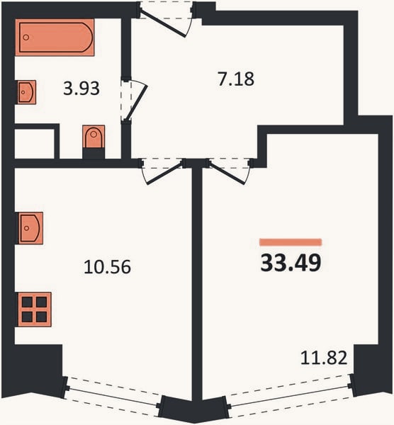 Планировка: 1-к, 33,5 м²