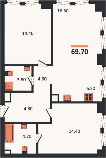 Планировка: 2-к, 69,7 м²