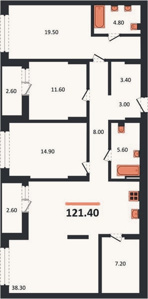Планировка: 3-к, 121,4 м²