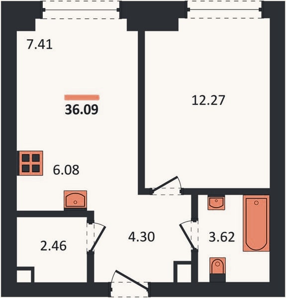 Планировка: 1-к, 36,1 м²