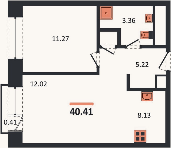 Планировка: 1-к, 40,4 м²
