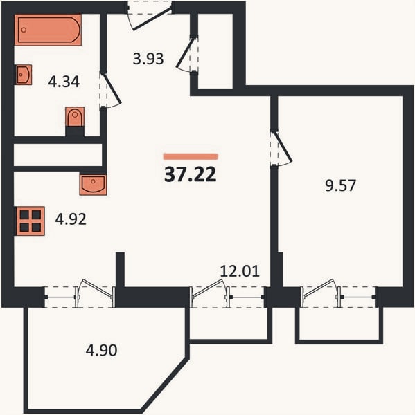 Планировка: 1-к, 37,2 м²