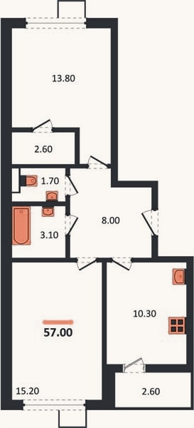 Планировка: 2-к, 57 м²