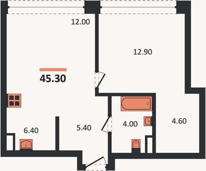 Планировка: 1-к, 45,6 м²
