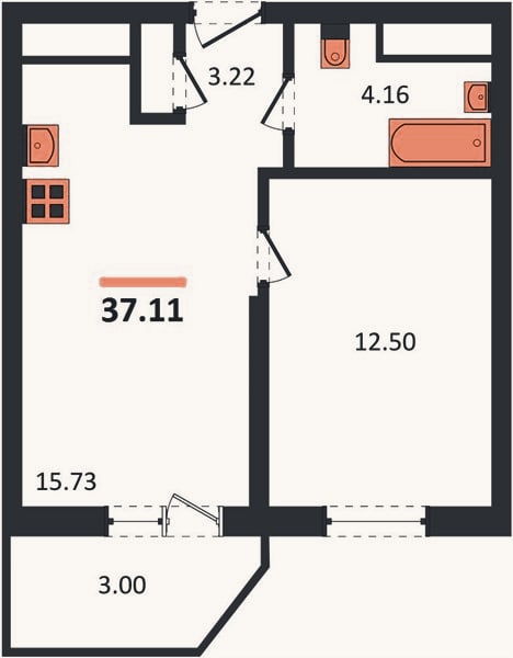 Планировка: 1-к, 37,1 м²