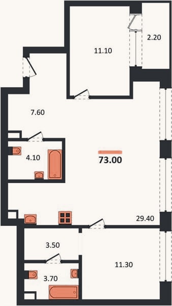 Планировка: 2-к, 73 м²