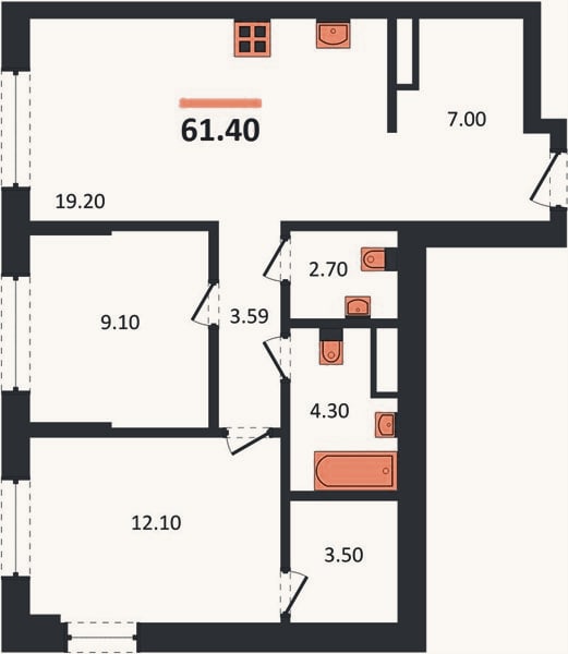 Планировка: 2-к, 61,4 м²