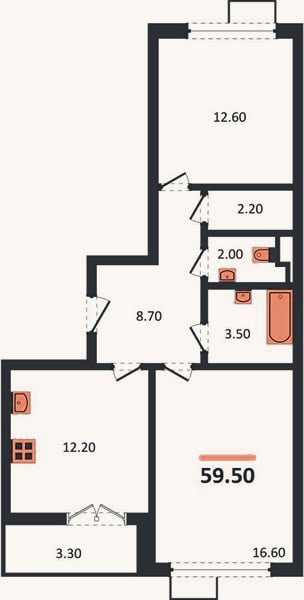 Планировка: 2-к, 59,5 м²