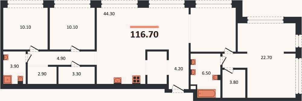 Планировка: 3-к, 116,7 м²