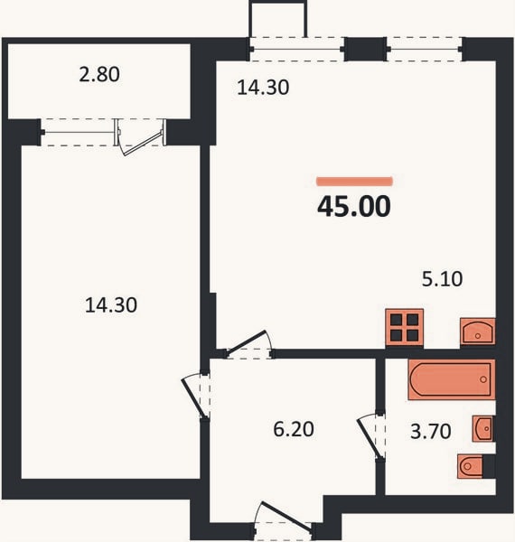 Планировка: 1-к, 45 м²