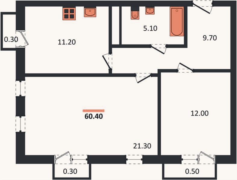 Планировка: 2-к, 60,4 м²