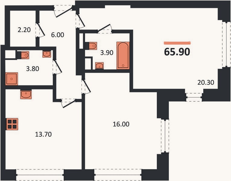 Планировка: 2-к, 65,9 м²