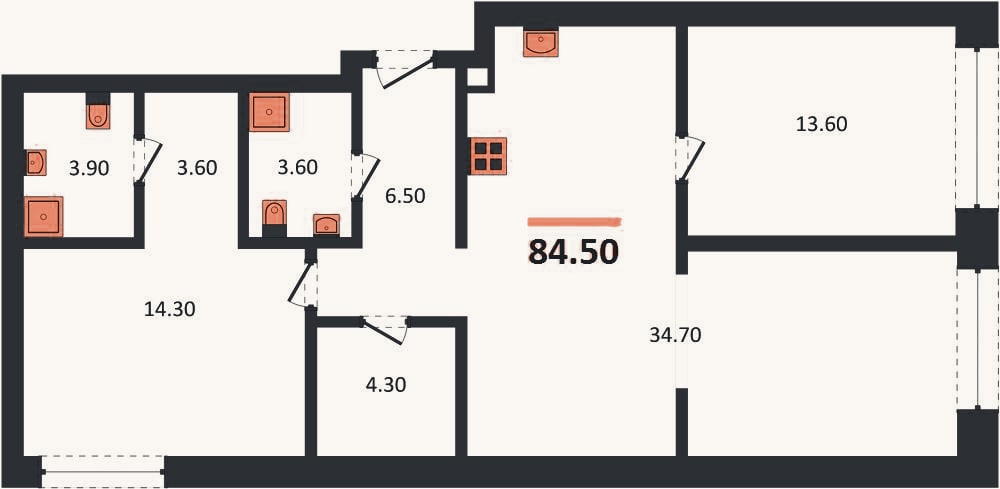 Планировка: 2-к, 84,5 м²