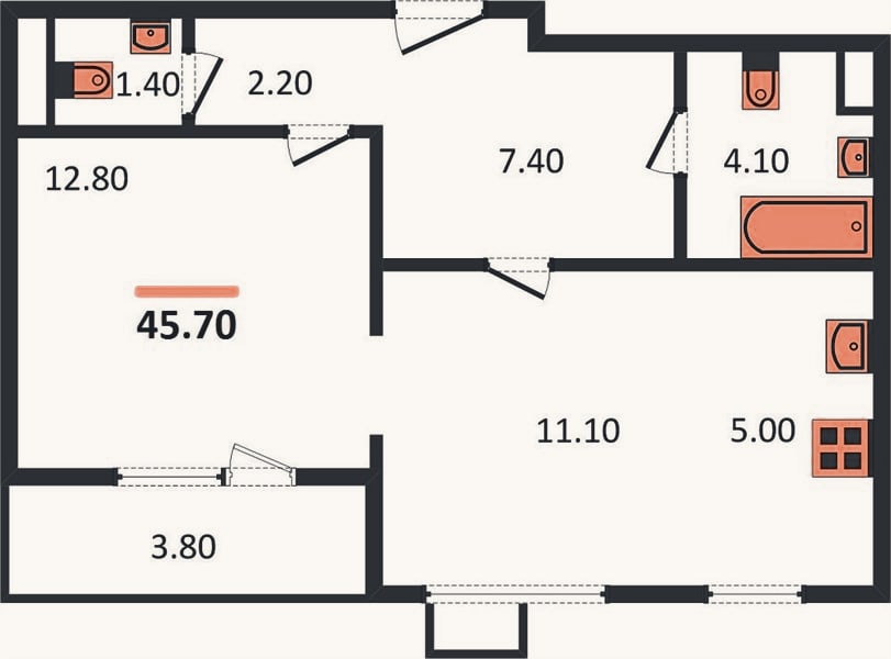Планировка: 1-к, 45,7 м²