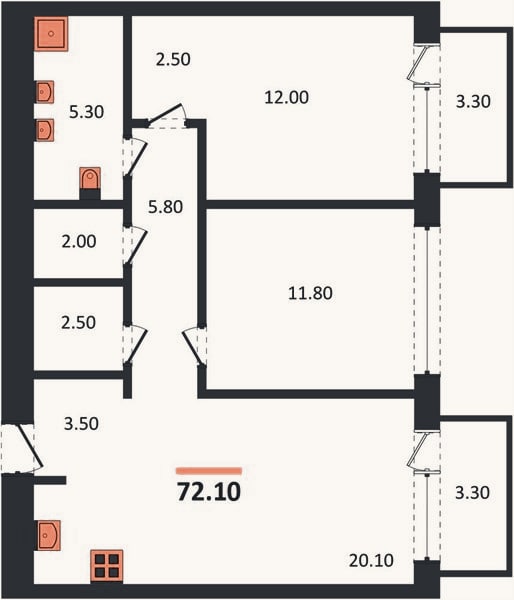 Планировка: 2-к, 72,1 м²