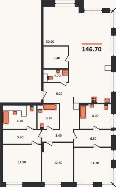 Планировка: 3-к, 146,7 м²