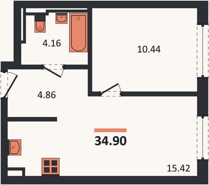 Планировка: 1-к, 34,9 м²