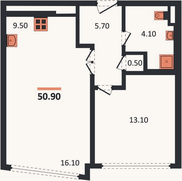 Планировка: 2-к, 50,9 м²