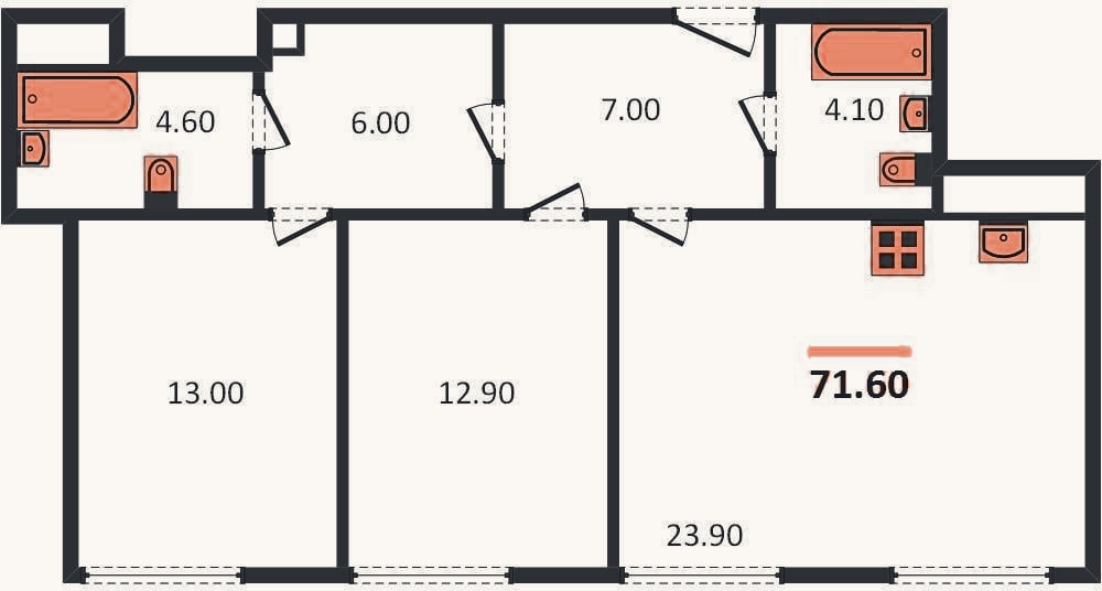Планировка: 2-к, 71,7 м²