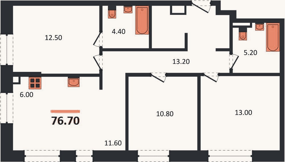 Планировка: 3-к, 76,7 м²