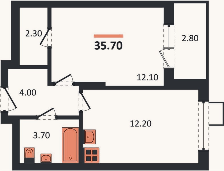 Планировка: 1-к, 35,7 м²