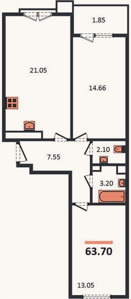 Планировка: 2-к, 63,7 м²