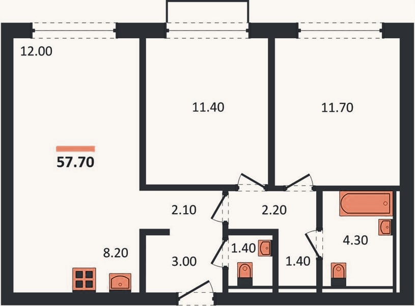 Планировка: 2-к, 57,7 м²