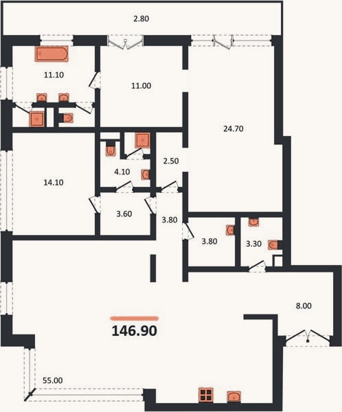 Планировка: 2-к, 146,9 м²