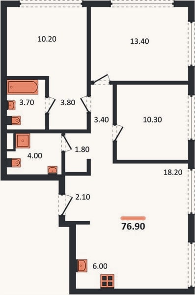 Планировка: 3-к, 76,9 м²