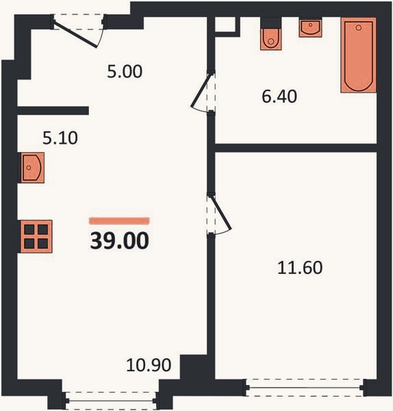 Планировка: 1-к, 39 м²