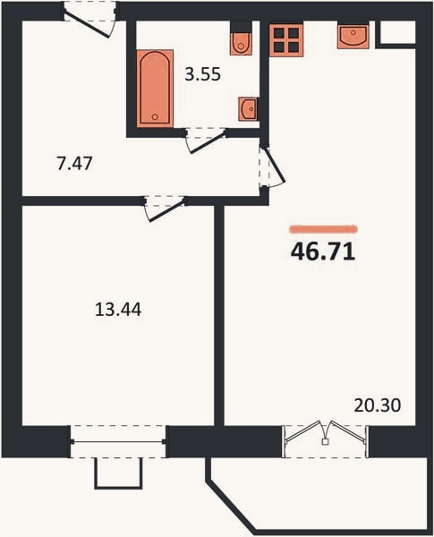 Планировка: 1-к, 46,7 м²