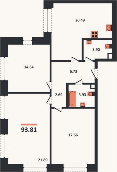 Планировка: 3-к, 93,8 м²