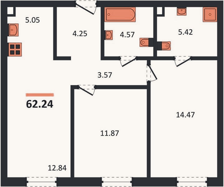 Планировка: 2-к, 62,2 м²