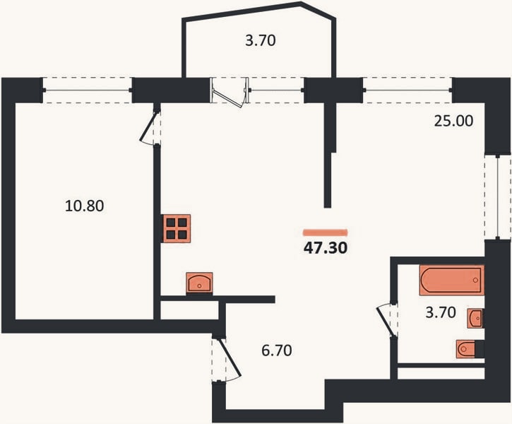 Планировка: 1-к, 47,3 м²