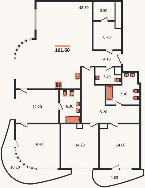 Планировка: 3-к, 161,6 м²