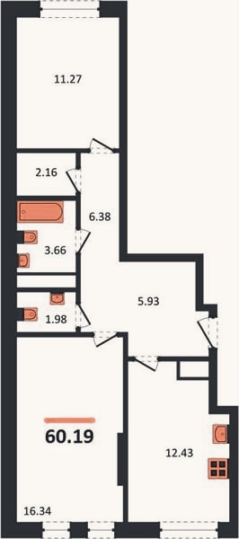 Планировка: 2-к, 60,2 м²