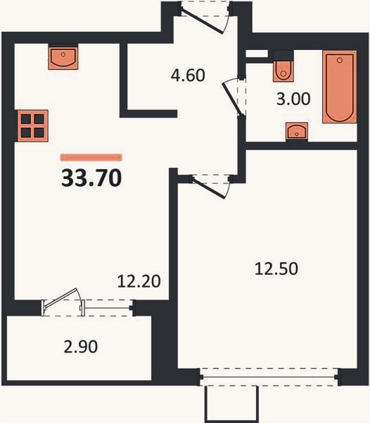 Планировка: 1-к, 33,7 м²