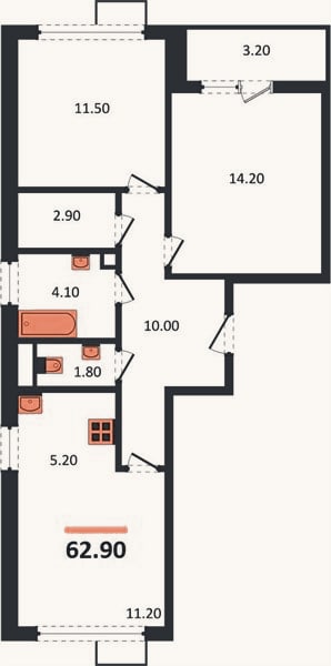 Планировка: 2-к, 62,9 м²