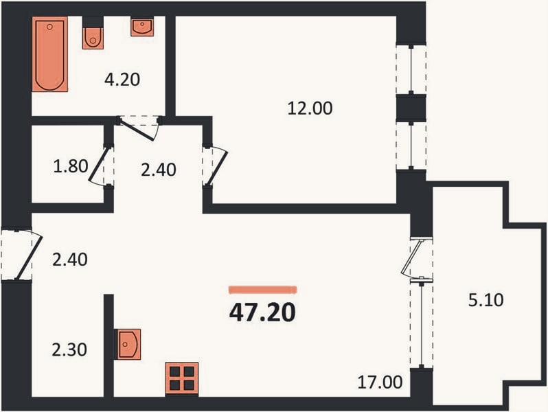 Планировка: 1-к, 47,2 м²
