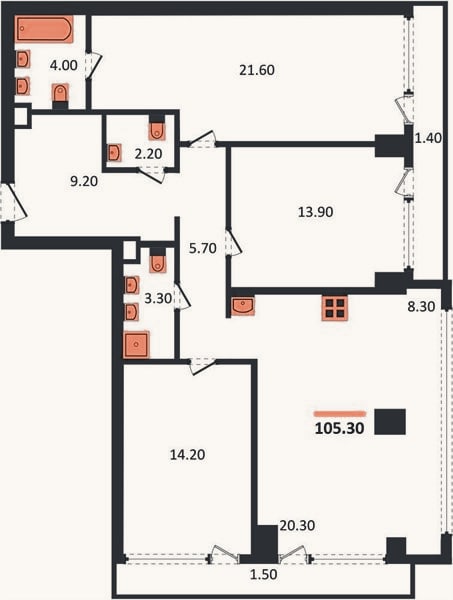 Планировка: 3-к, 105,3 м²