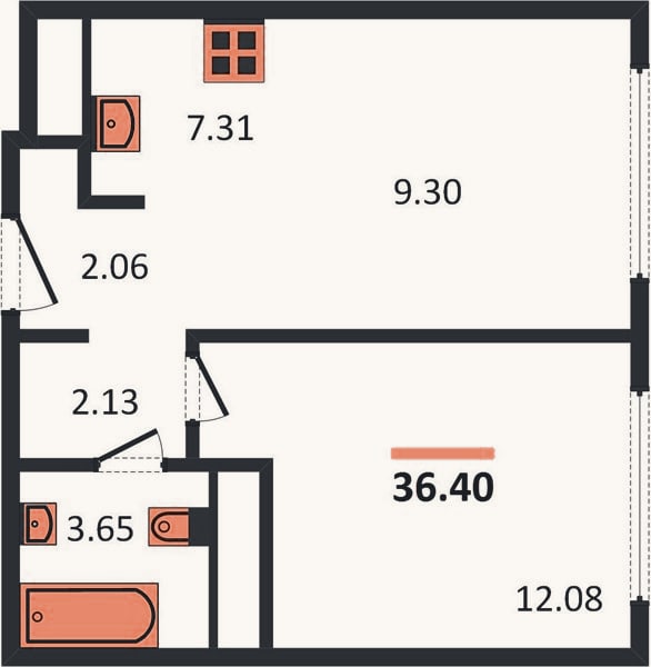 Планировка: 1-к, 36,3 м²