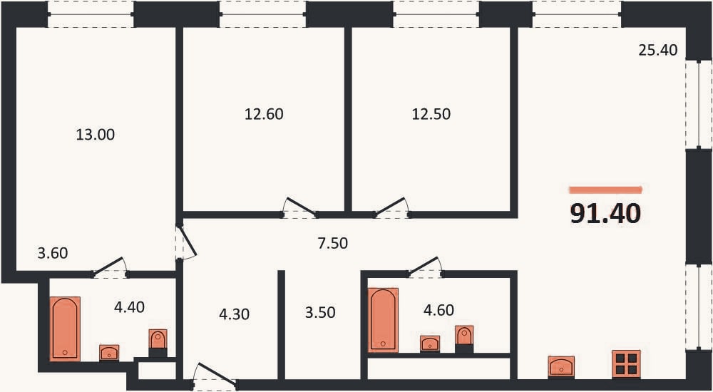 Планировка: 3-к, 91,4 м²